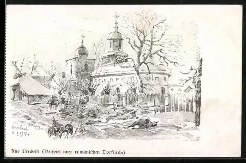 Künstler-AK Urechesti, Rumänische Dorfkirche