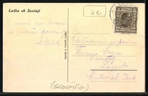 AK Lasko ob Savinji, Blick auf den Ort im Tal