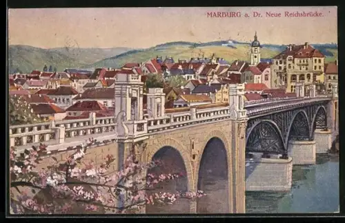 Künstler-AK Marburg a. Dr., Blick auf die Neue Reichsbrücke
