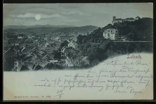 Mondschein-AK Laibach, Ortsansicht im Vollmondlicht