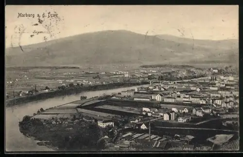 AK Marburg a. d. Drau, Ortsansicht mit Draupartie und Berg
