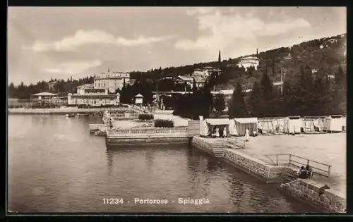 AK Portorose, Uferpartie mit Hotel Centrale