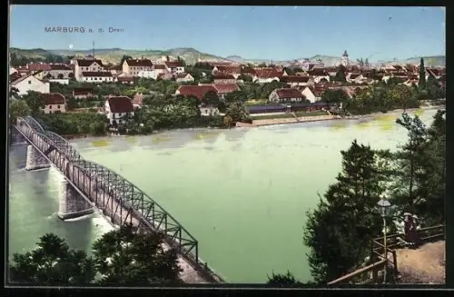AK Marburg a. d. Drau, Draupartie mit Brücke
