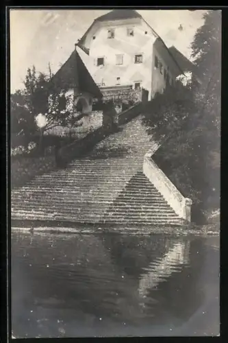 Foto-AK Bled, Treppe am Wasser