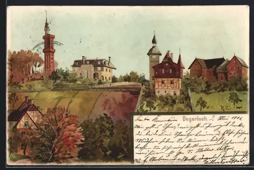 Lithographie Degerloch, Ortsblick mit Kirchturm
