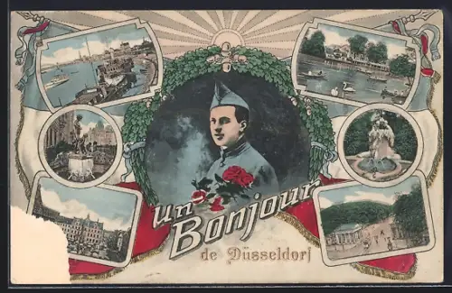 AK Düsseldorf, Französischer Soldat - Bildnis im Eichenkranz
