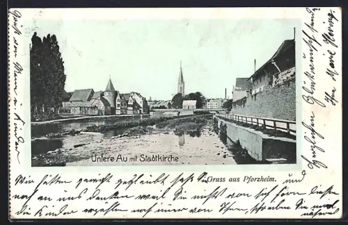 AK Pforzheim, Untere Au mit Stadtkirche