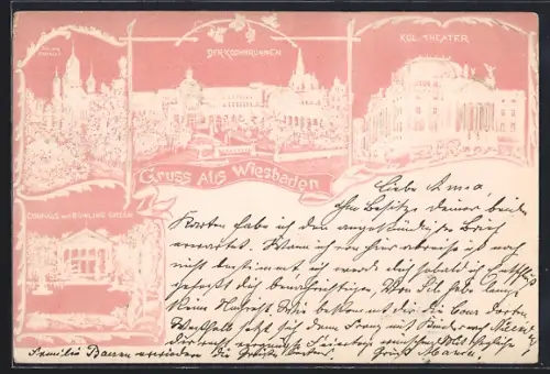 Präge-AK Wiesbaden, Curhaus mit Bowling Green, Kochbrunnen, Theater