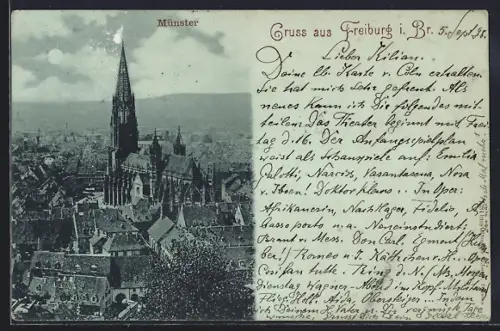 Mondschein-AK Freiburg i. Br., Teilansicht mit Münster aus der Vogelschau