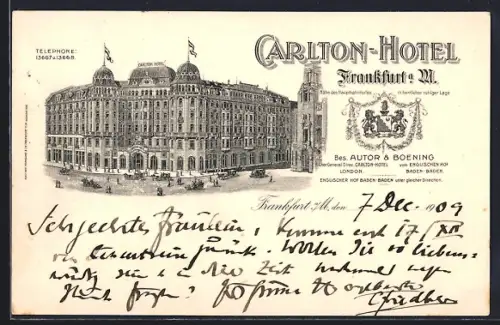 Künstler-AK Frankfurt a. M., Carlton-Hotel Autor & Boening mit Strasse aus der Vogelschau, Wappen