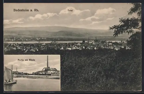 AK Budenheim a. Rh., Totalansicht, Partie am Rhein