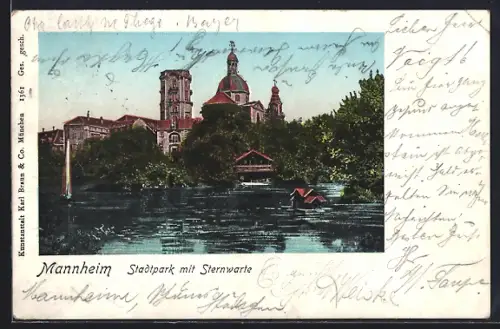 AK Mannheim, Stadtpark mit Sternwarte vom Wasser aus, mit leuchtenden Fenstern