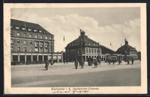 AK Karlsruhe i. B., Stadtgarten-Eingang mit Strassenbahn, Panorama