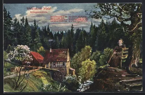 Künstler-AK Welzheim, Welzheimer Wald, Klingenmühle, Panorama mit Wanderer