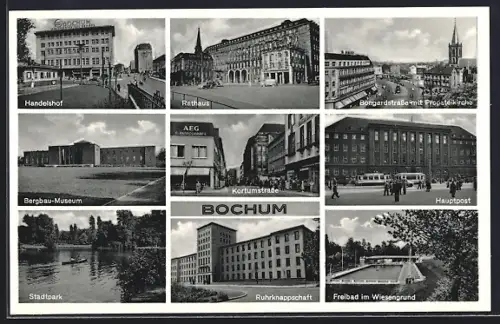 AK Bochum, Handelshof, Bergbau-Museum, Freibad im Wiesengrund, Kortumstrasse