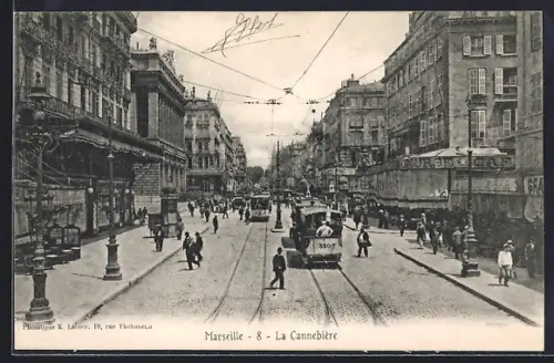 AK Marseille, La Cannebière, Strassenbahn