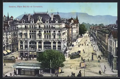AK Genève, Place Bel-Air et Corraterie, Strassenbahn