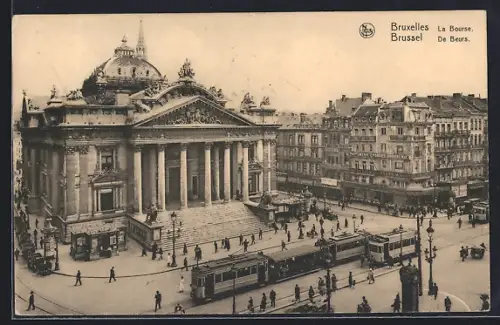 AK Bruxelles, La Bourse, Strassenbahn