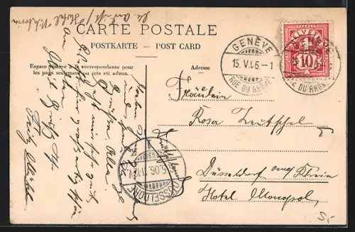 AK Genève, Pont du Mont-Blanc et Ile J. J. Rousseau, Strassenbahn
