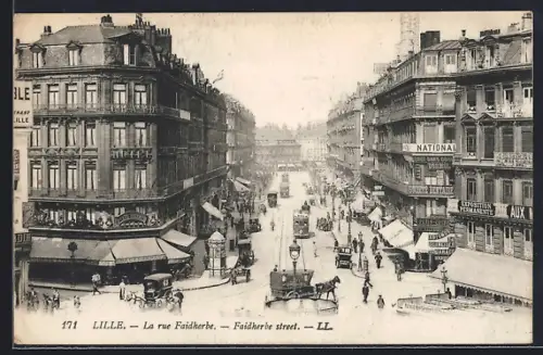 AK Lille, La rue Faidherbe, Strassenbahn