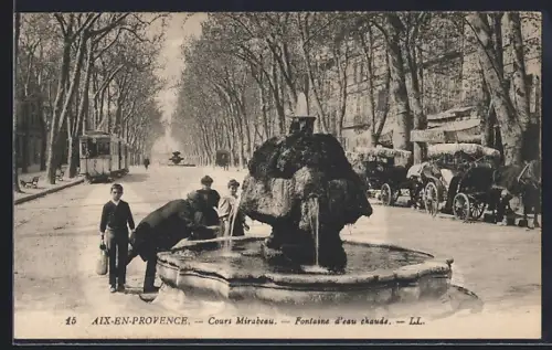 AK Aix-en-Provence, Courts Mirabeau, Fontaine d`eau chaude, Strassenbahn