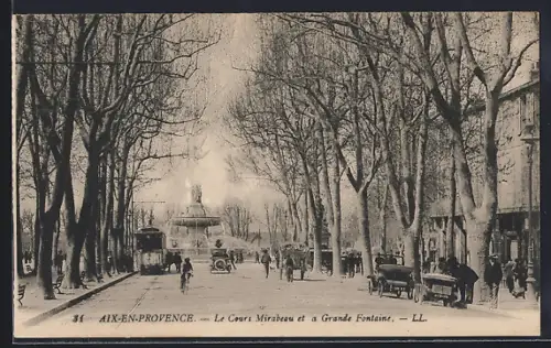 AK Aix-En-Provence, Le Course Mirabeau et la Grande Fontaine, Strassenbahn