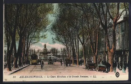 AK Aix-En-Provence, Le Course Mirabeau et la Grande Fontaine, Strassenbahn