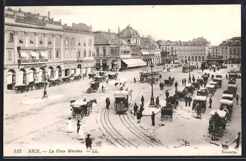 AK Nice, La Place Masséna, Strassenbahn