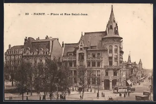 AK Nancy, Place et Rue Saint-Jean, Strassenbahn