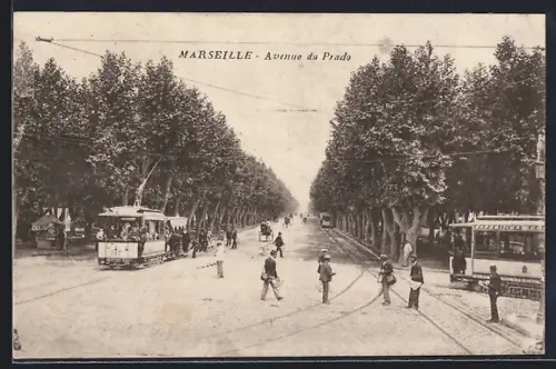 AK Marseille, Avenue du Prado, Strassenbahn