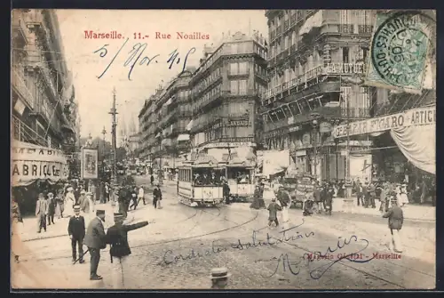 AK Marseille, Rue Noailles, Strassenbahn