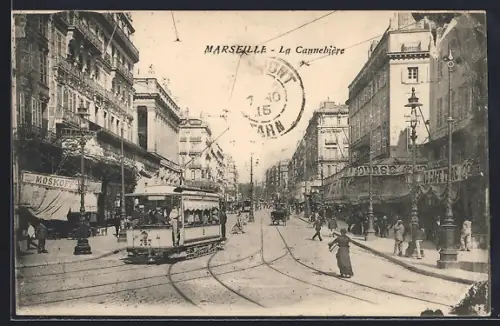 AK Marseille, La Cannebière, Strassenbahn