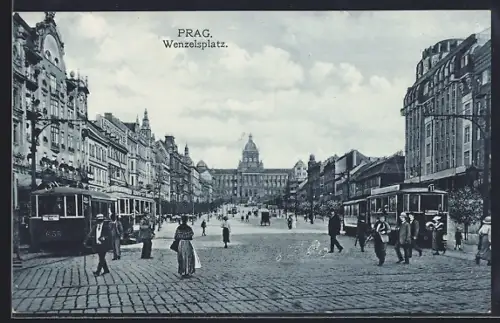 AK Prag, Wenzelsplatz mit Strassenbahn