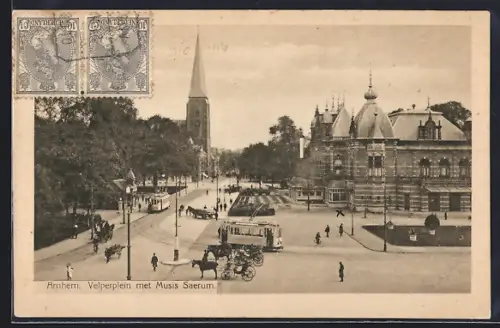 AK Arnhem, Velperplein met Musis Saerum, Strassenbahn