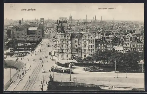 AK Amsterdam, Panorama Damrak, Strassenbahn