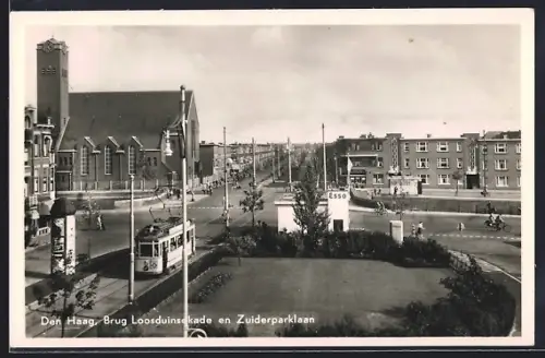 AK Den Haag, Brug Loosduinsekade en Zuiderparklaan, Strassenbahn