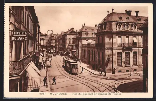 AK Mulhouse, Rue du Sauvage et la Bancque de France, Tramway