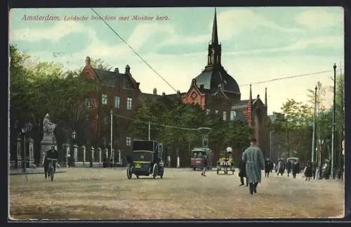 AK Amsterdam, Leidsche boschjes met Moskee kerk, Strassenbahn