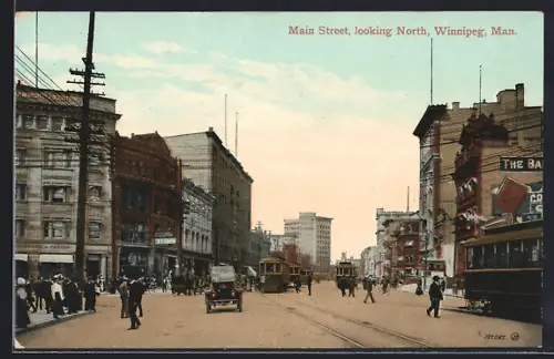 AK Winnipeg /Man., Main Street looking North, Strassenpartie mit Strassenbahn