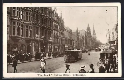 AK Melbourne, The Block, Collins Street, Strassenbahn