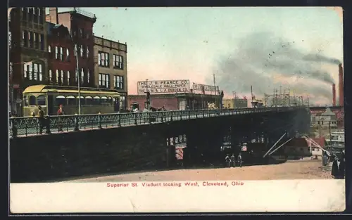AK Cleveland, Ohio, Superior St. Viaduct looking West, Strassenbahn