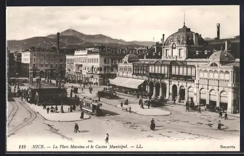 AK Nice, La Place Masséna et le Casino Municipal, Strassenbahn