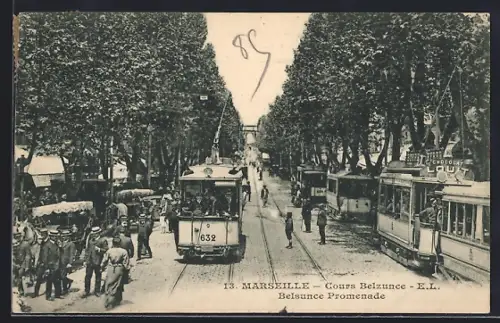 AK Marseille, Cours Belzunce, Strassenbahn