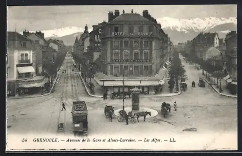 AK Grenoble, Avenue de la Gare et Alsace-Lorraine, Les Alpes, Strassenbahn