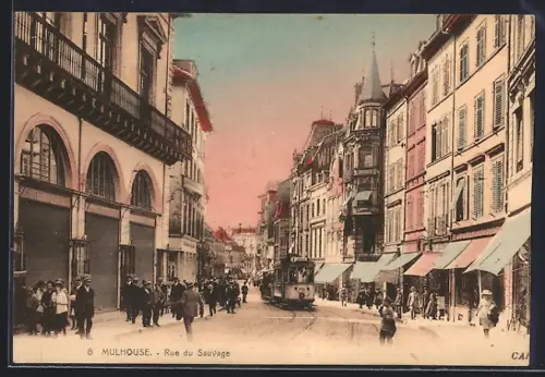 AK Mulhouse, Rue du Sauvage, Strassenbahn in Geschäftsstrasse