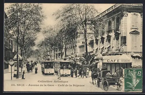 AK Nice, Avenue de la Gare et Café de la Régence, Strassenbahn