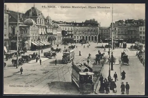 AK Nice, Casino Municipal, Place Masséna, Strassenbahn