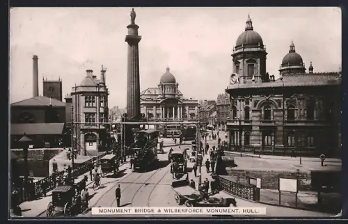 AK Hull, Monument Bridge & Wilberforce Monument, Strassenbahn