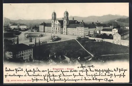AK Einsiedeln, Kloster mit Anlagen aus der Vogelschau
