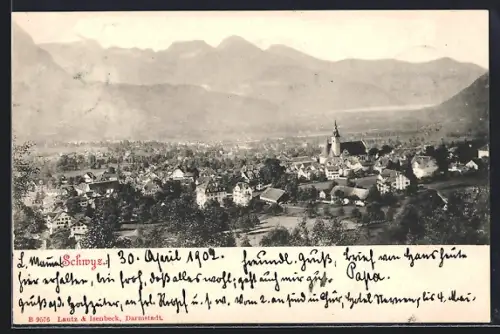 AK Schwyz, Totalansicht mit Bergpanorama aus der Vogelschau